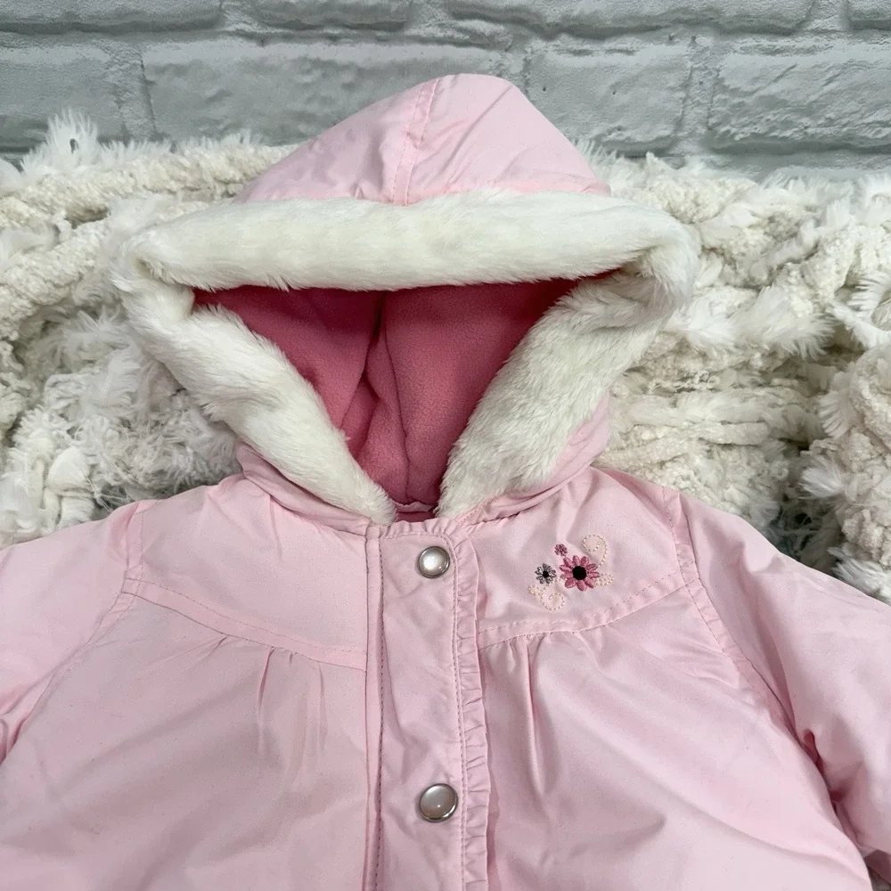 Carters Baby Girls 24M Pink Puffer‎ Jacket Coat  Embroidered Flowers Fur Hood